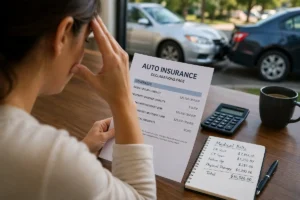 Driver reviewing auto insurance policy after a car accident, highlighting uninsured and underinsured motorist coverage