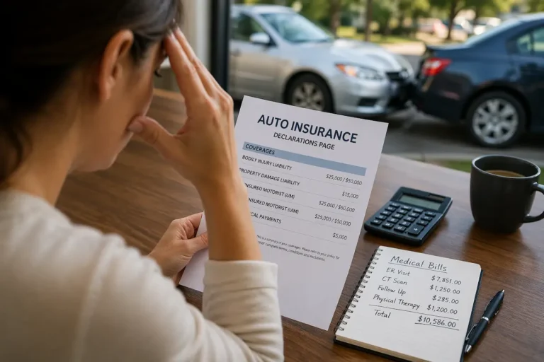 Driver reviewing auto insurance policy after a car accident, highlighting uninsured and underinsured motorist coverage