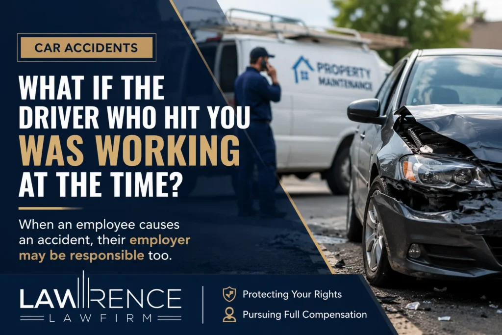 Damaged car beside a work van after a collision, illustrating employer liability when an employee causes a car accident.