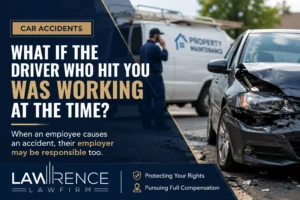 Damaged car beside a work van after a collision, illustrating employer liability when an employee causes a car accident.